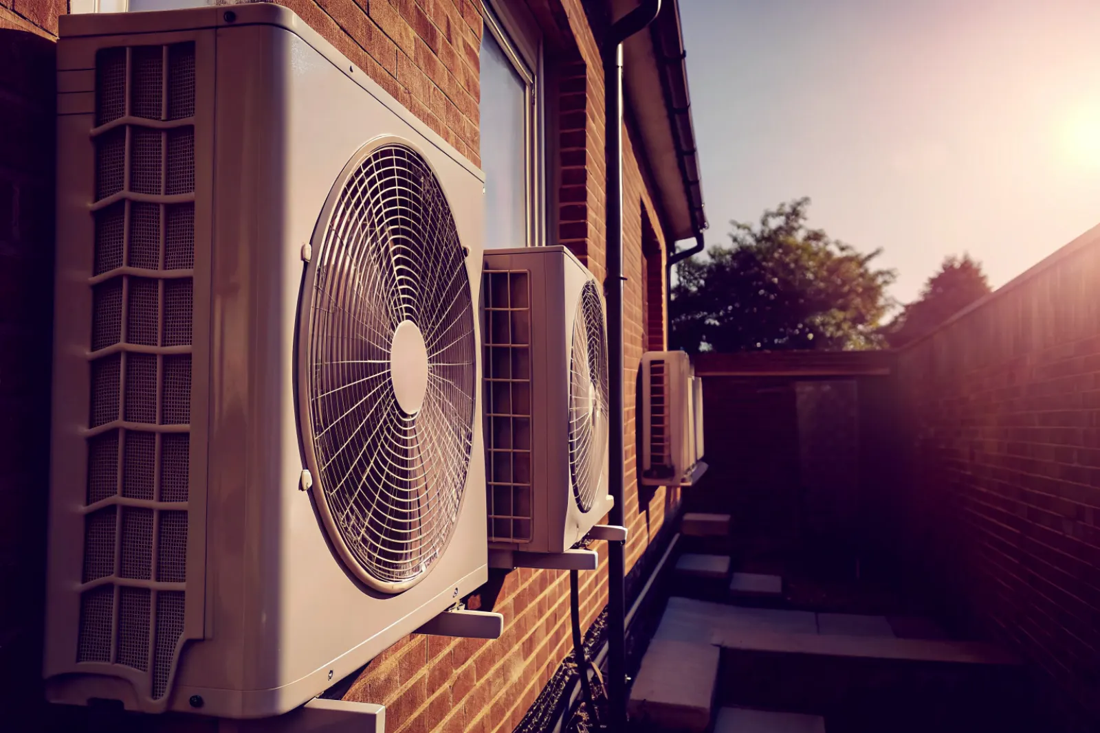 Air conditioning condenser units mounted on a British house wall in bright summer heat